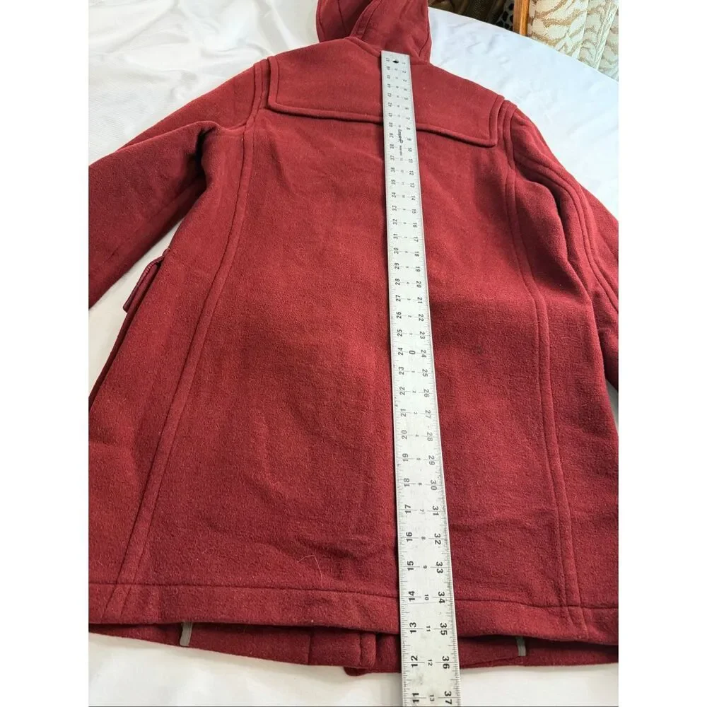 J.Crew Wool Blend Duffle Coat Small Burgundy Red Hooded Toggle Closure Jacket - Picture 9 of 9